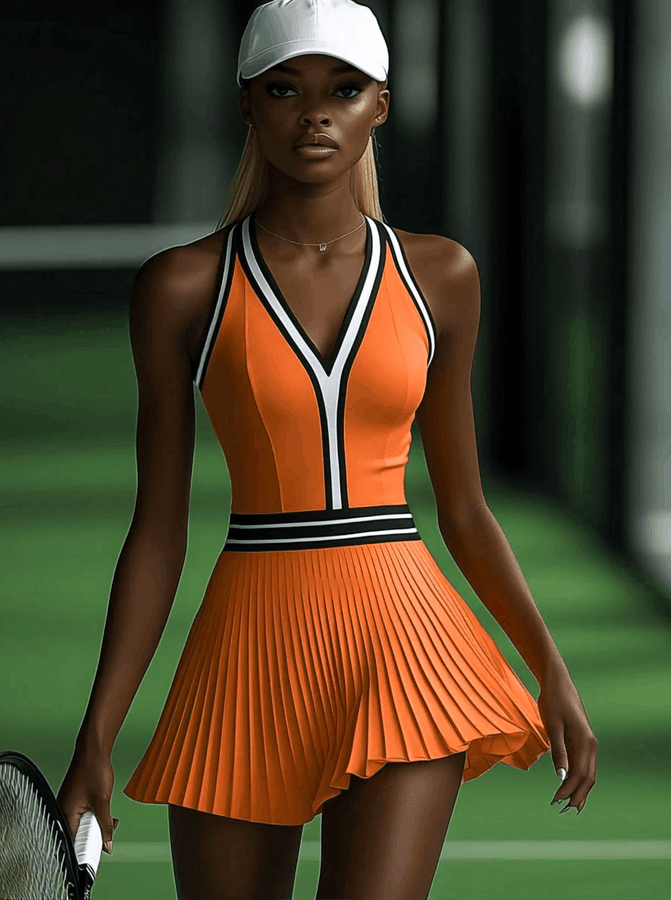 Robe Mini Plissée Sans Manches Orange à Bord Noir et Blanc - Expédition Rapide en 24 Heures !