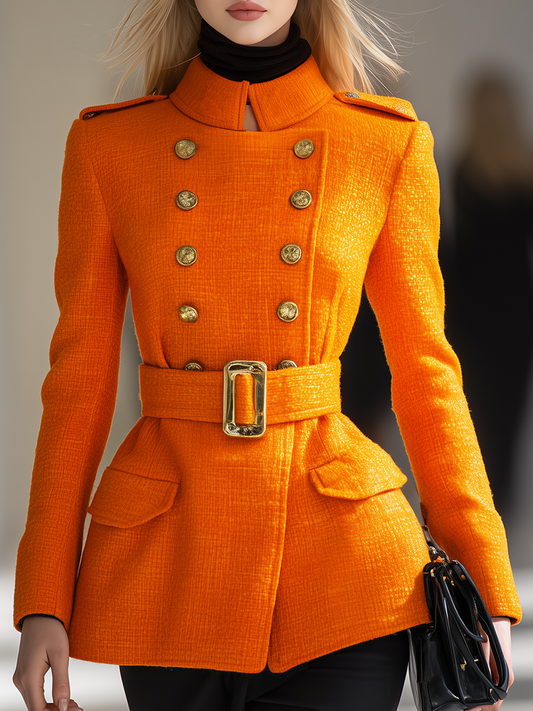 Veste Vintage en Tweed à Col Haut et Double Boutonnage