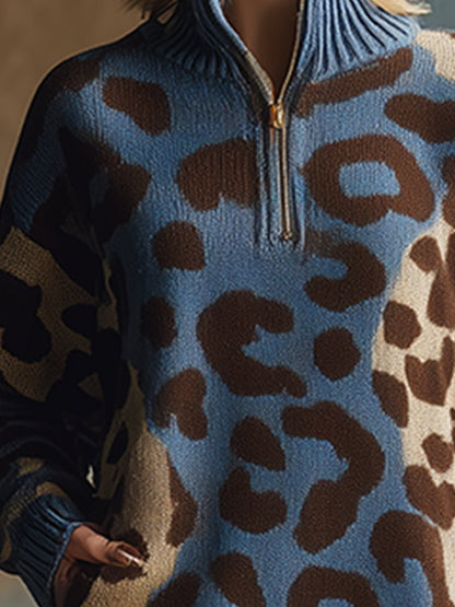 Robe Mini Vintage en Tricot Bleu à Motif Léopard avec Demi-Zip