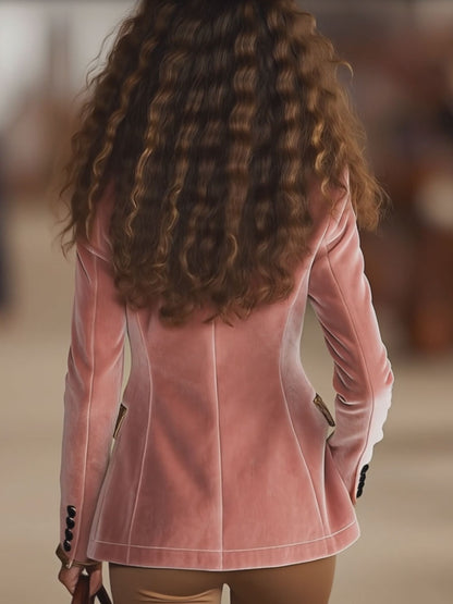Veste en Velours Rose avec Détails en Imprimé Léopard et Fermeture à Un Bouton