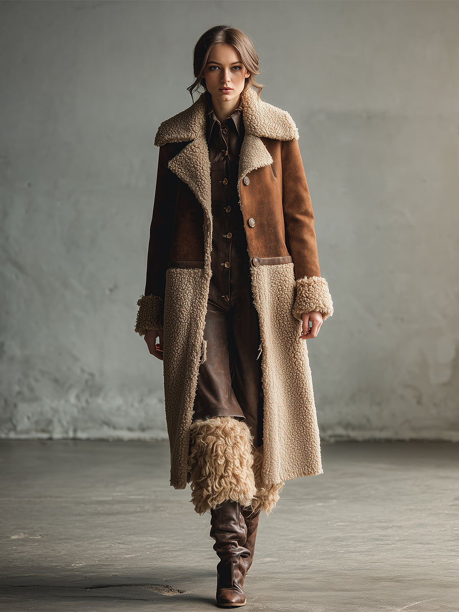 Veste mi-longue en suède synthétique marron au style western rétro, doublée en polaire