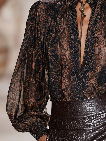 Chemise Longue Imprimée à Manches avec V-Cou en Mocha Premium