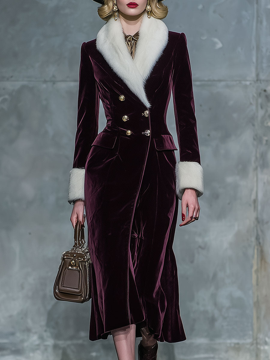 Veste en velours violet à double boutonnage avec col en fourrure rétro chic