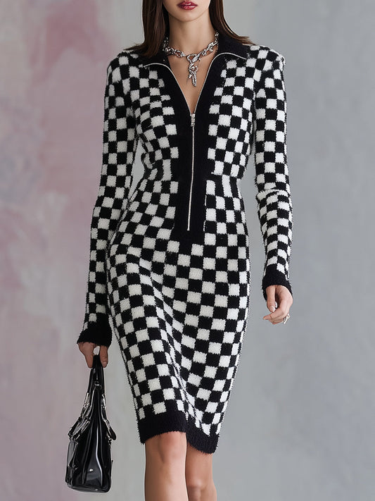 Chic Midi Robe Zippée en Mohair à Motif Carreaux Noir et Blanc