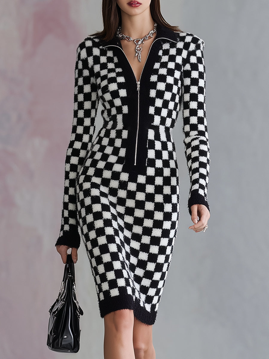 Chic Midi Robe Zippée en Mohair à Carreaux Noir et Blanc