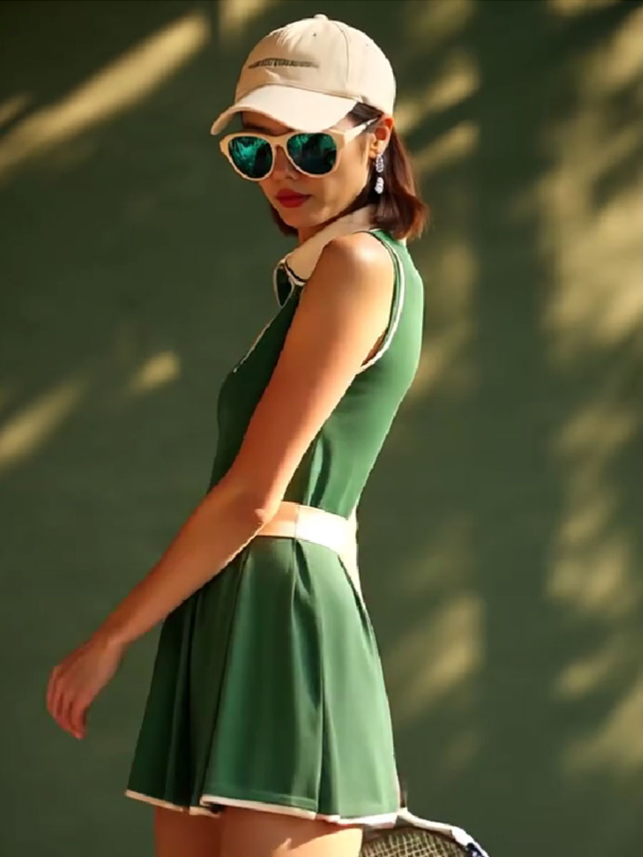 Robe Mini Sans Manches Verte à Col Polo avec Détails Blancs - Expédition Rapide en 24 Heures