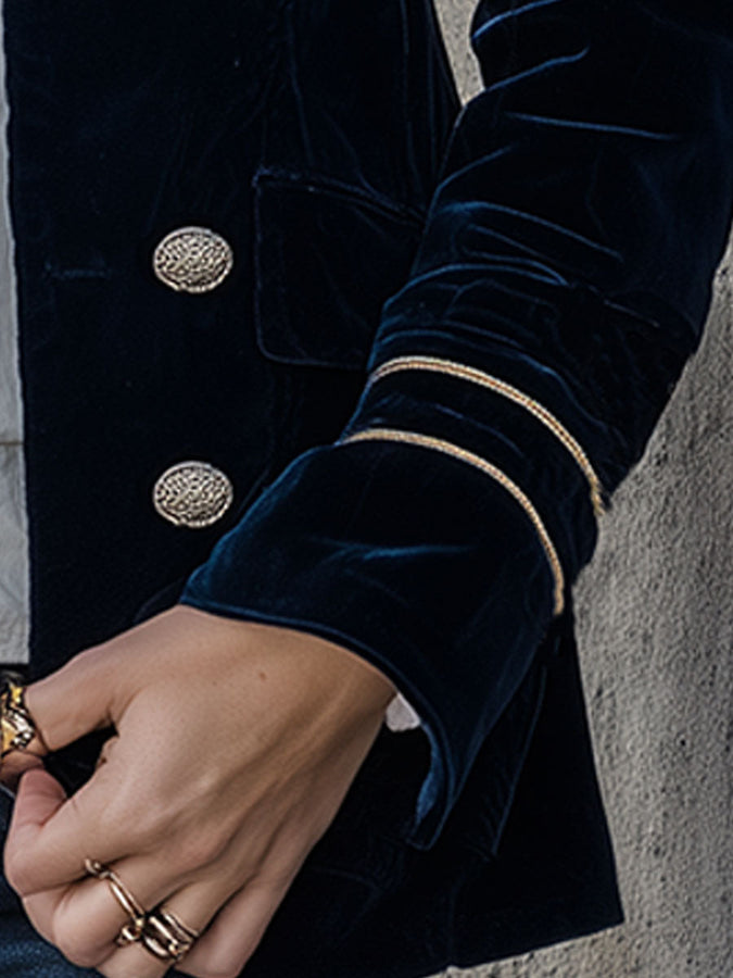 Veste Vintage en Velours Bleu Foncé à Double Boutonnage