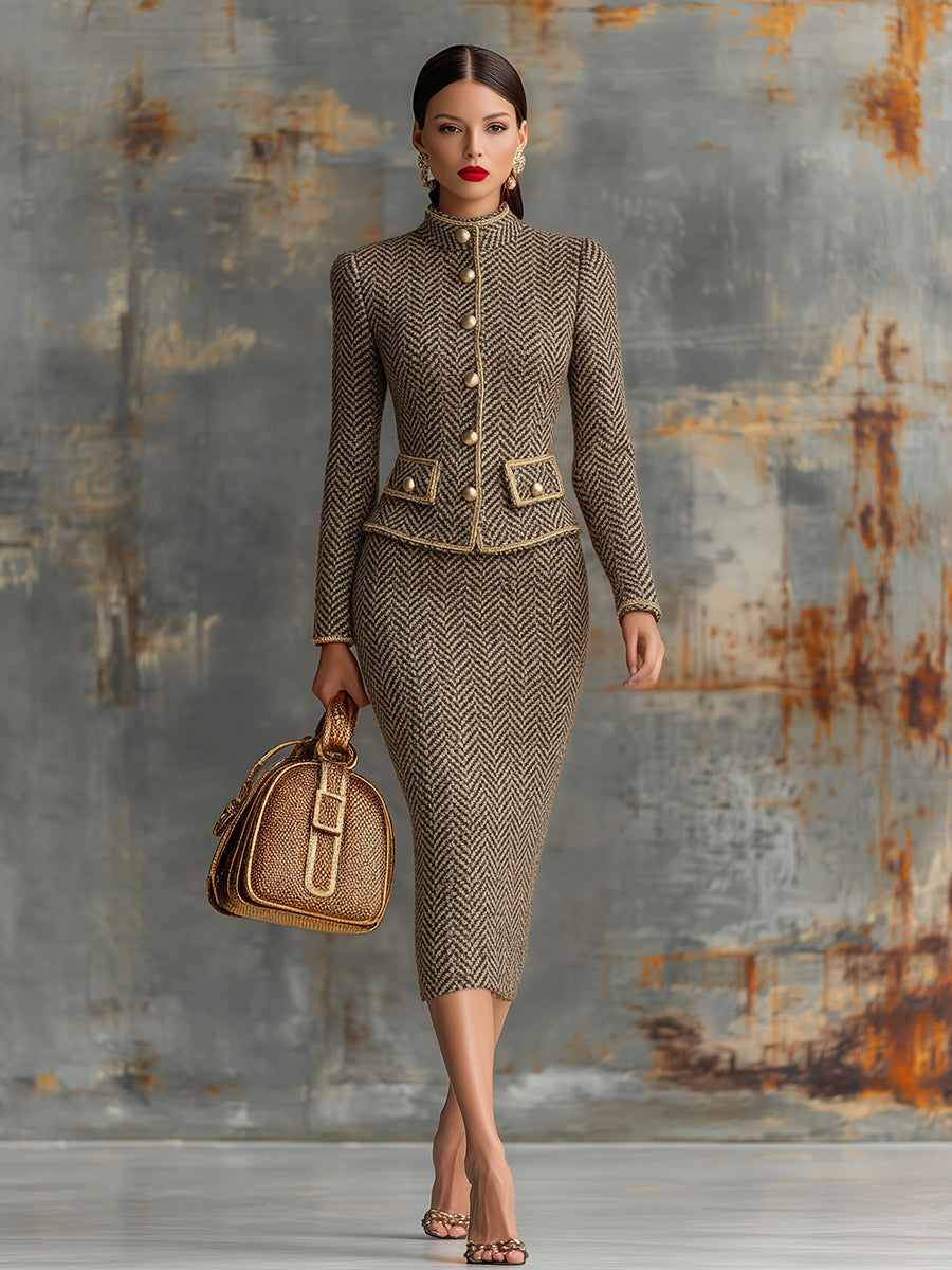Ensemble Chic : Veste à Col Montant et Jupe Herringbone Vintage avec Détails Dorés