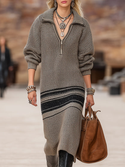 Robe Midi Tricotée Noir à Rayures Gris Foncé avec Col Rabattu et Fermeture Éclair