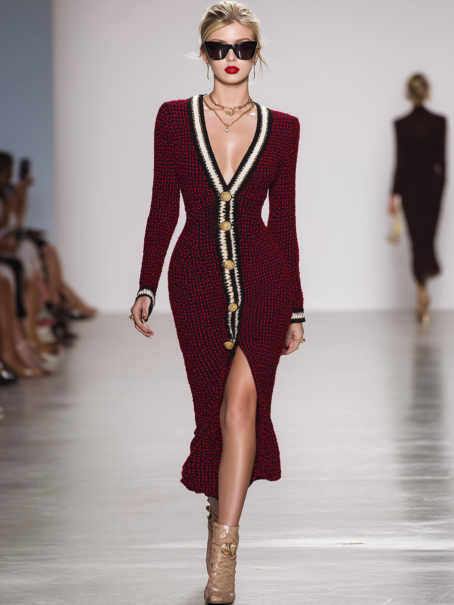 Robe Maxi Tricotée Rouge et Noire à Décolleté V et Détails Boutonnés - Style Rétro