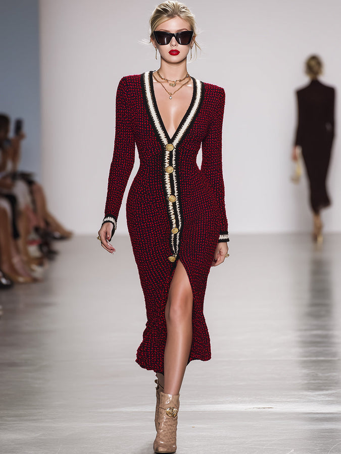 Robe Maxi Tricotée V-Cou Boutonnée Rouge et Noir - Style Rétro Élégant