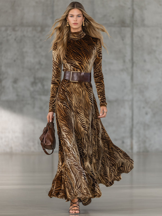 Robe Maxi Velours Doré Imprimé Zèbre avec Lacets - Style Western Rétro