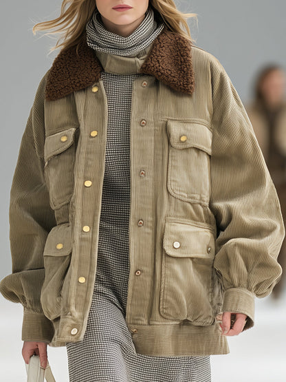 Veste Vintage en Velours Côtelé Kaki avec Poches en Agneau Brun