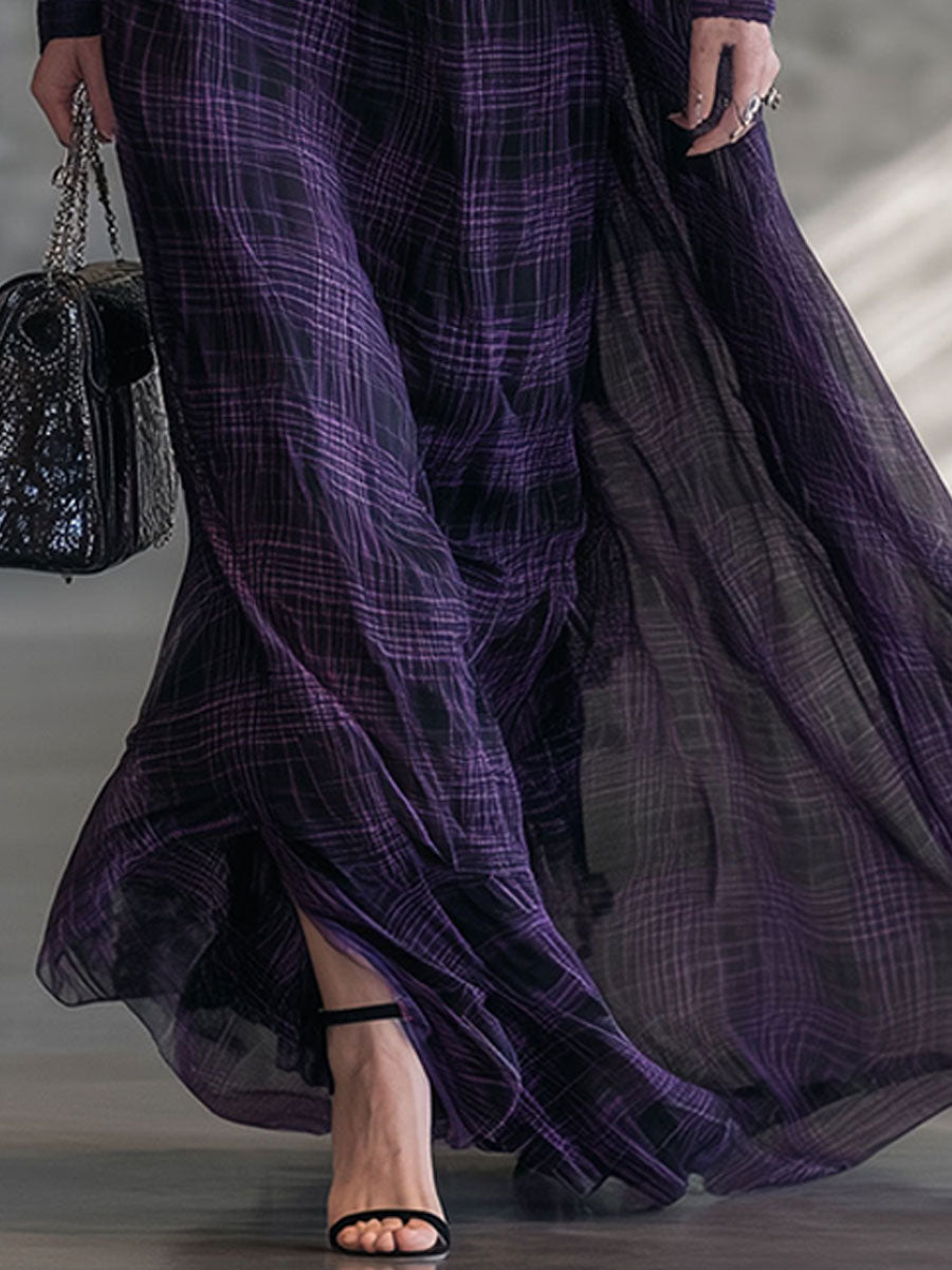 Maxi Robe Vintage en Velours Violet avec Col Roulé et Manches Longues en Organza à Motif Plaid