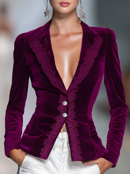 Élégant Blazer Vintage en Velours avec Détails en Dentelle