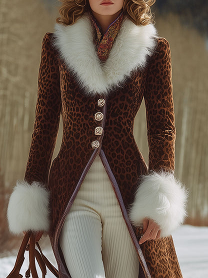 Veste Longue en Velours Léopard Marron Rétro avec Col en Fourrure Artificielle