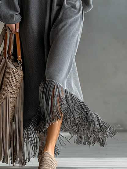 Maxi Robe en Denim Gris Élégante avec Franges Chic