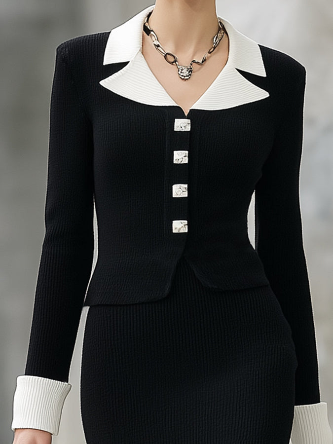 Ensemble Chic : Cardigan et Jupe Tricot Noir avec Détails en Boutons Blancs