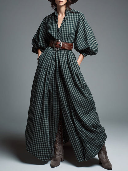 Robe Maxi à Manches Bouffantes en Tartan Vert Vintage