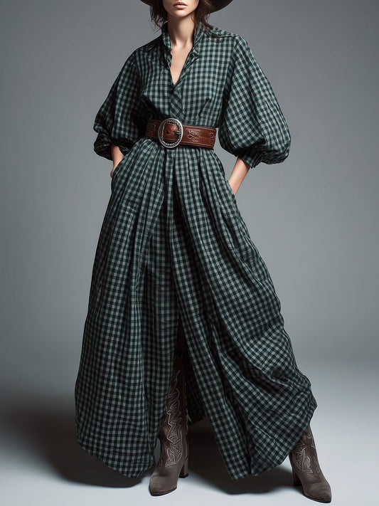 Robe Maxi à Manches Bouffantes en Tartan Vert Vintage