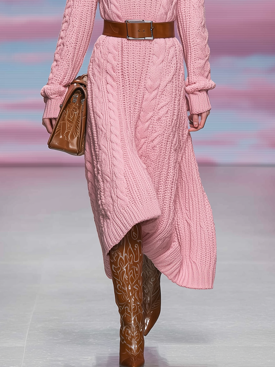 Robe Vintage Tricotée avec Col Montant et Manches Longues