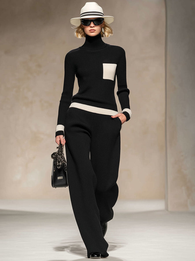 Ensemble Tricoté Chic : Pull Col Roulé Contrasté et Pantalons Évasés