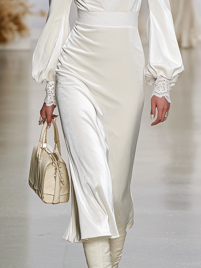 Robe Maxi en Velours Élégante avec Détails en Dentelle Rétro, Col en V et Manches Bouffantes