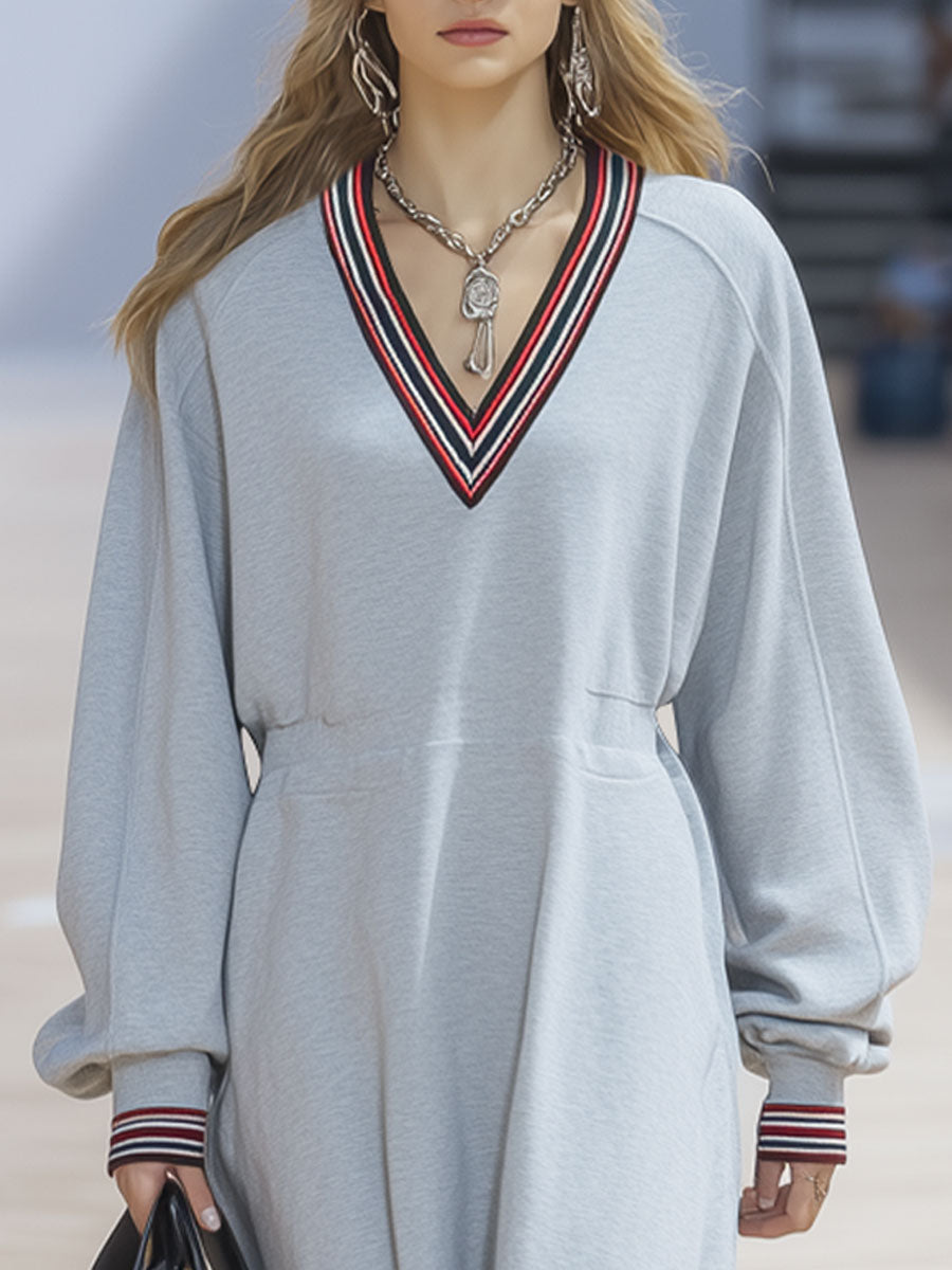 Robe Midi Décontractée à Rayures Bud Gris Clair avec Manches Longues et Col V