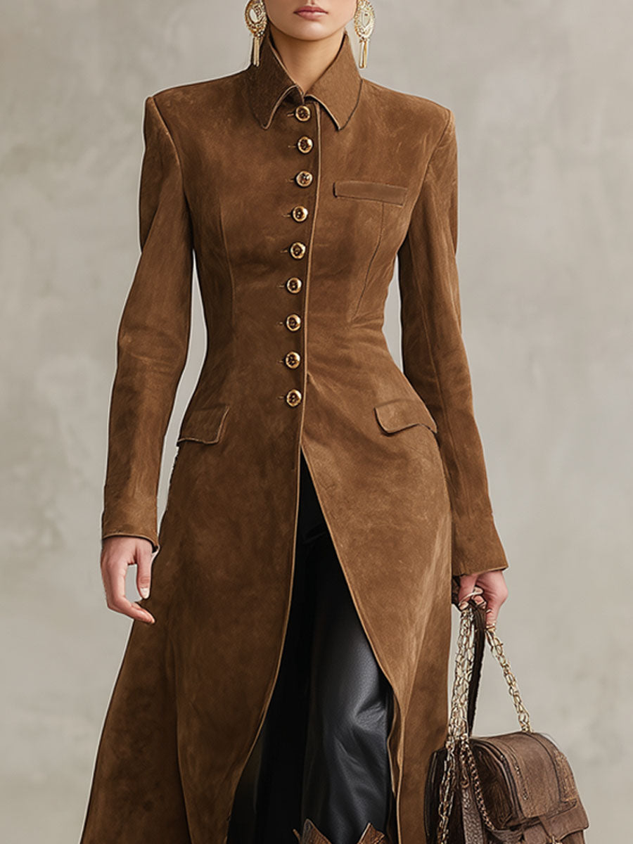 Veste en Faux Suède Style Western avec Col Revers et Boutonnage Simple