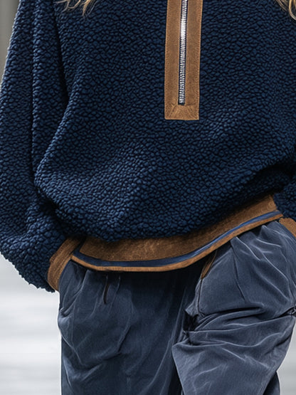 Pull Fleece Teddy Bleu avec Détails Marron Rétro et Tendance