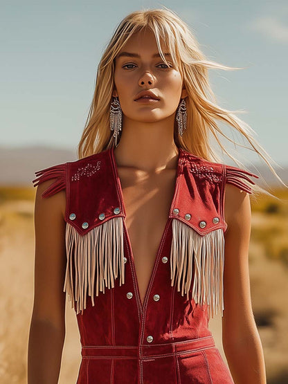 Expédition Rapide : Combinaison Rouge en Suède Style Cowboy avec Boutons Argentés et Franges Beiges