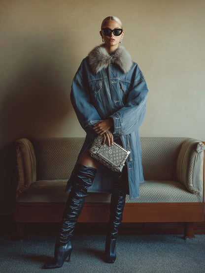 Veste mi-longue en denim bleu tendance avec col en fausse fourrure amovible