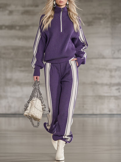 Ensemble Sportif Casual Violet avec Pull Tricoté à Demi-Zip et Pantalon
