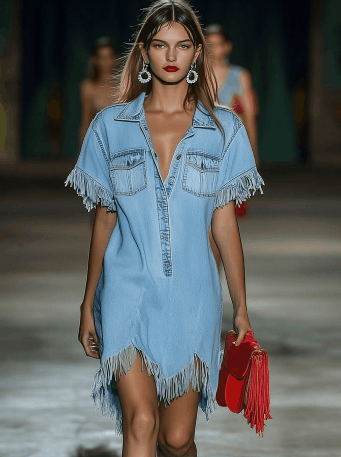 Chemise Décontractée en Denim Vintage à Manches Courtes avec Franges - Mini Robe, Expédition en 24 Heures