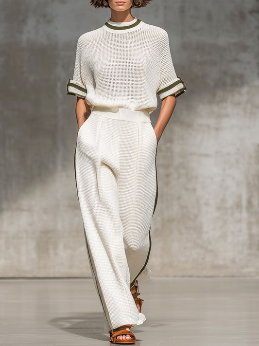 Ensemble Vintage : Chemise Tricotée Blanche à Manches Courtes et Pantalon à Jambes Larges