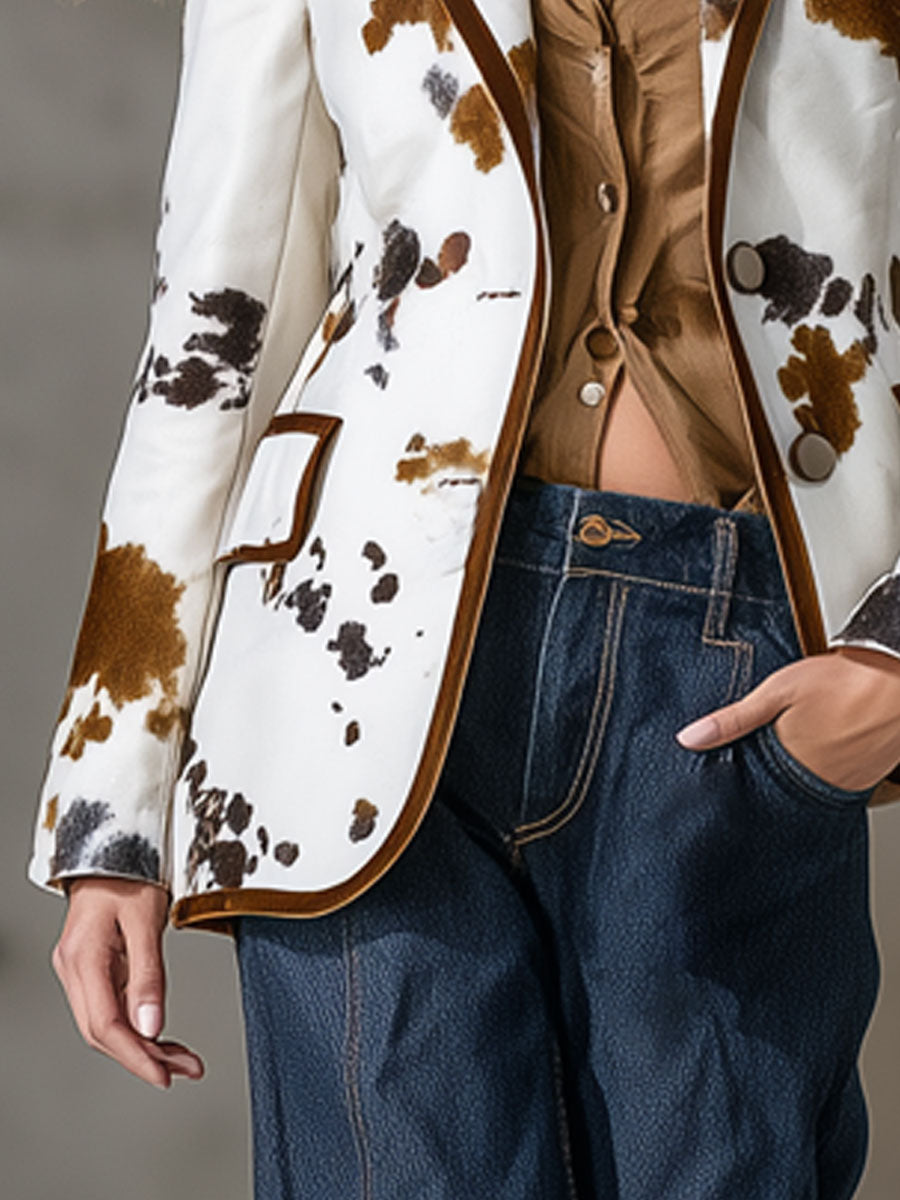 Veste en Velours Blanc avec Détails Marron au Style Western Rétro
