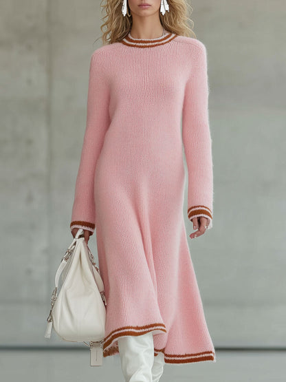 Robe Midi A-Line Tricotée Rose avec Détails Bruns Rétro