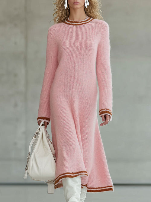 Robe Midi A-Ligne Tricotée Rose au Bord Brun Vintage