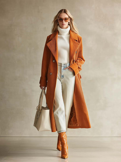 Mi-Long Manteau en Velours Côtelé Orange, Doublé en Polaire - Élégance Tendance