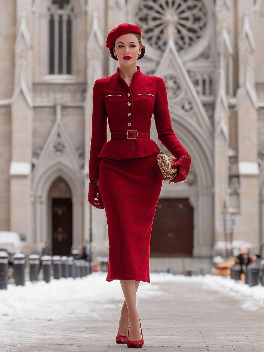 Ensemble Élégant en Tweed Rouge Vintage avec Veste Boutonnée et Jupe