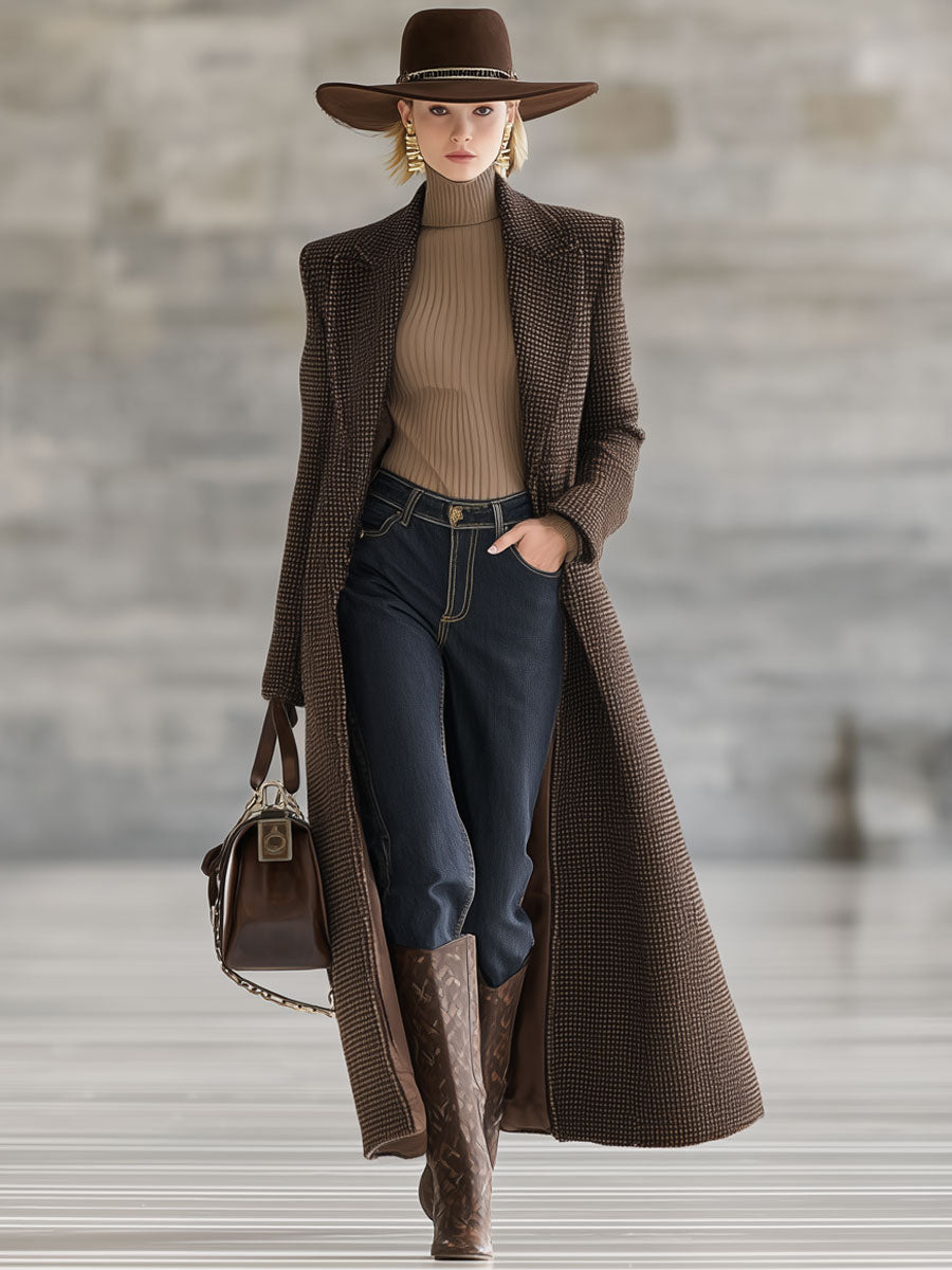 Long Houndstooth Check Wool Coat in Retro Brown