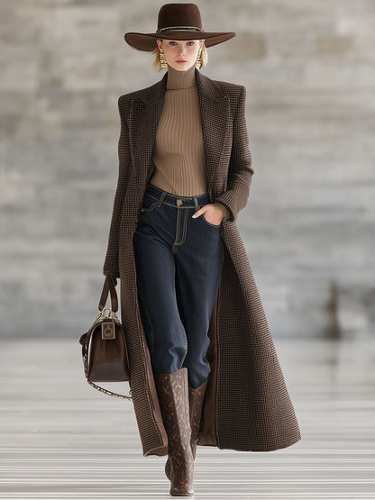 Long Houndstooth Check Wool Coat in Retro Brown