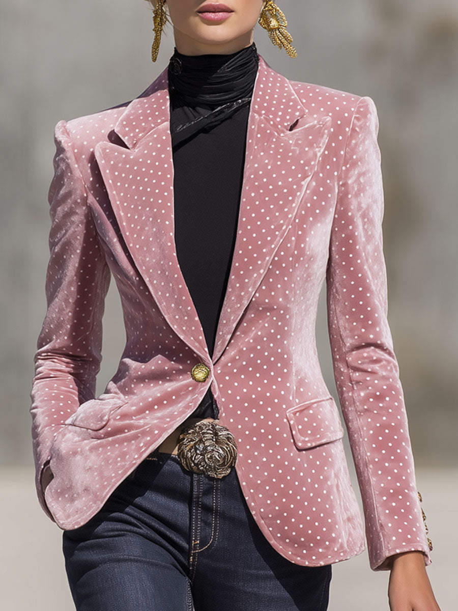 Élégant Blazer en Velours à Pois Blancs Rétro avec Un Bouton