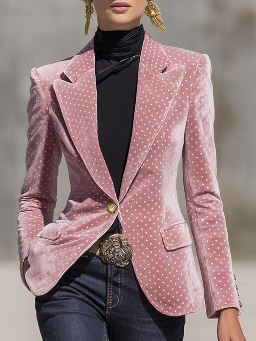 Blazer en velours rétro à pois blancs - Élégance à un bouton