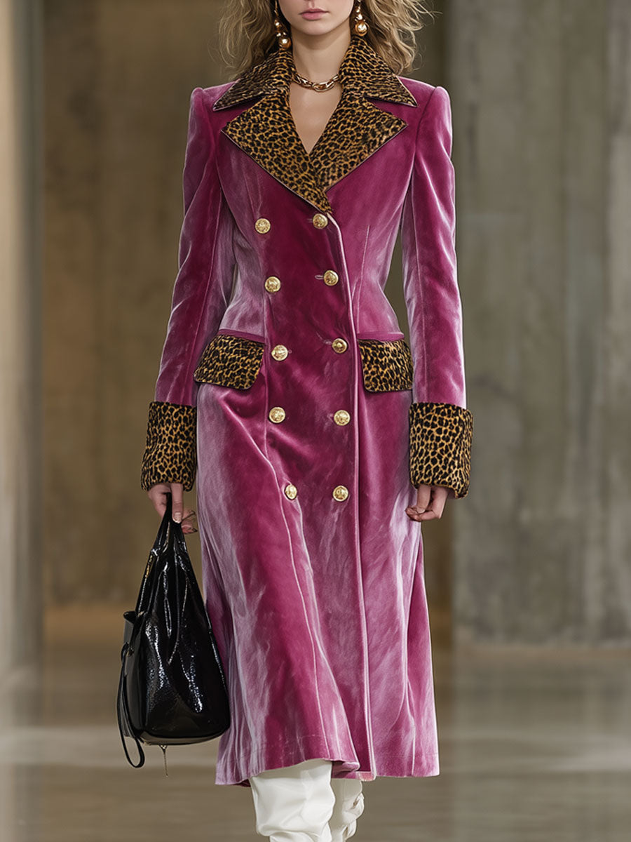 Long Velvet Coat in Vintage Brown Leopard Print with Rose Red Elegance