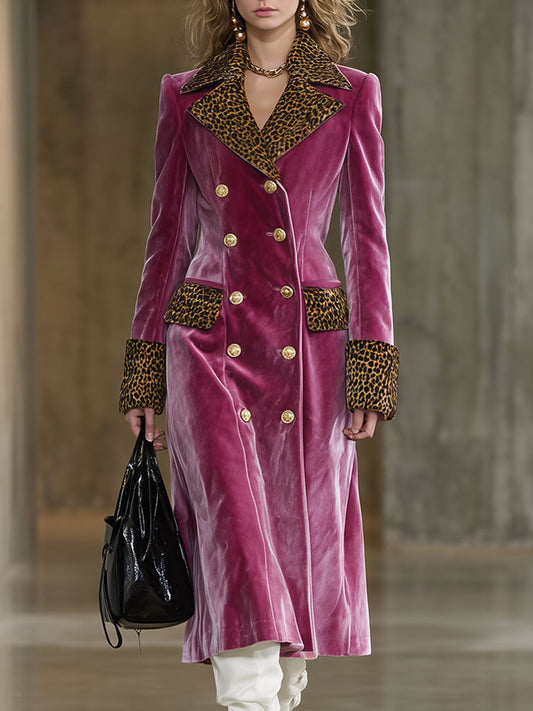 Long Velvet Coat in Vintage Brown Leopard Print with Rose Red Elegance