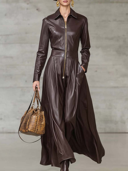 Robe Maxi en Cuir Marron Haut de Gamme avec Fermeture Éclair Avant et Élégantes Manches Longues