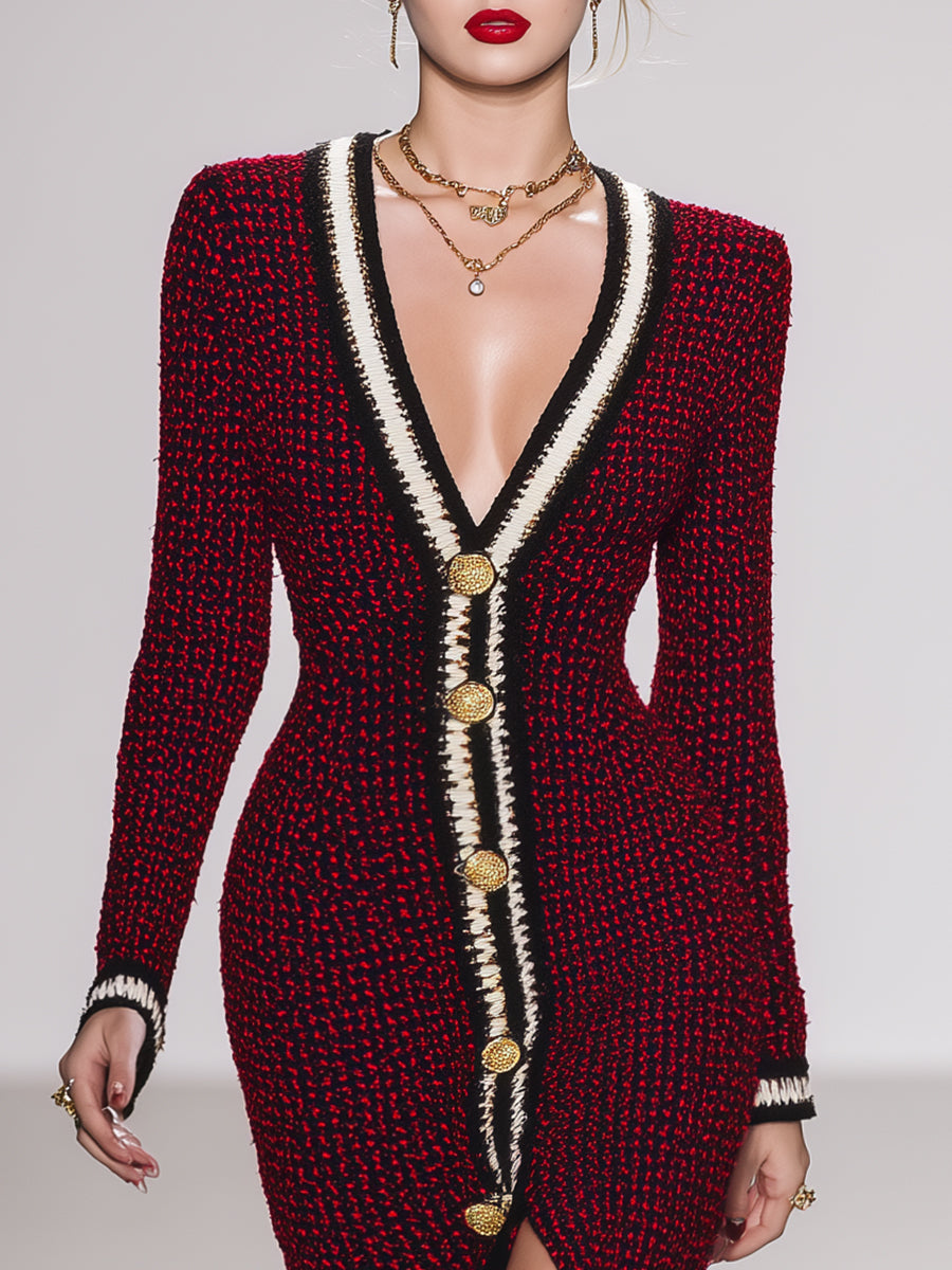 Robe Maxi Tricotée V-Cou Boutonnée Rouge et Noir - Style Rétro Élégant