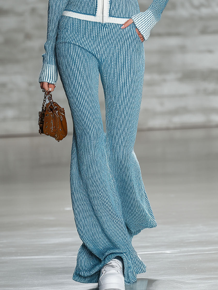 Ensemble Chic en Tricot : Haut à Manches Longues avec Col Zippé et Pantalons Évasés