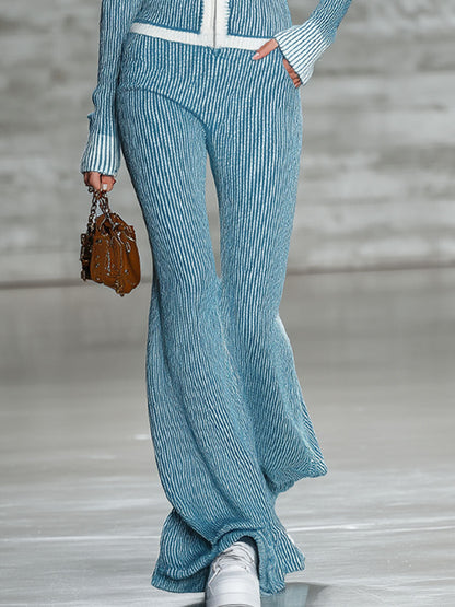 Ensemble Chic en Tricot : Haut Zippé à Manches Longues et Pantalon Évasé Contrasté